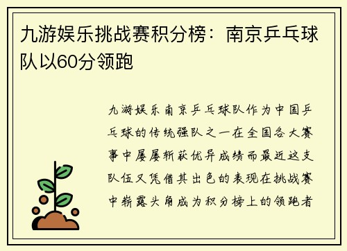 九游娱乐挑战赛积分榜：南京乒乓球队以60分领跑